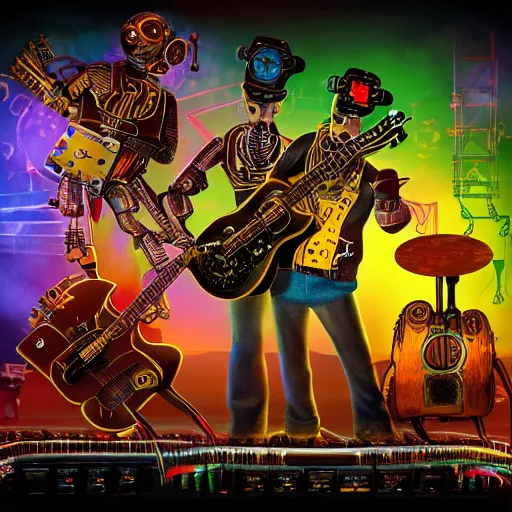 Image similar to album art, rockband with 3 steampunk robots playing guitar, text robos rock, 8 k, flourescent colors, halluzinogenic, multicolored, exaggerated detailed, front shot, 3 d render, octane