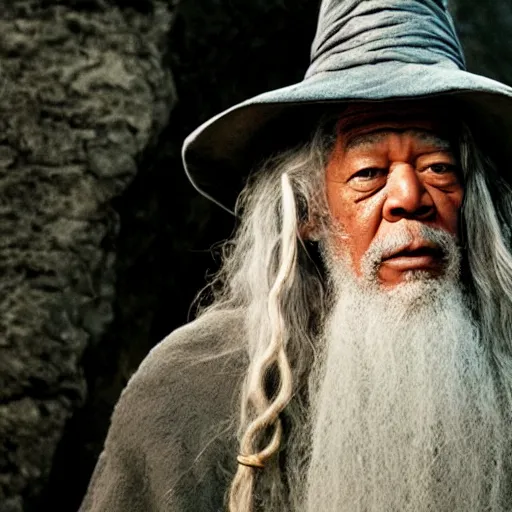 Prompt: Morgan Freeman as Gandalf the Grey, still from Lord of the Rings movie, detailed, 4k