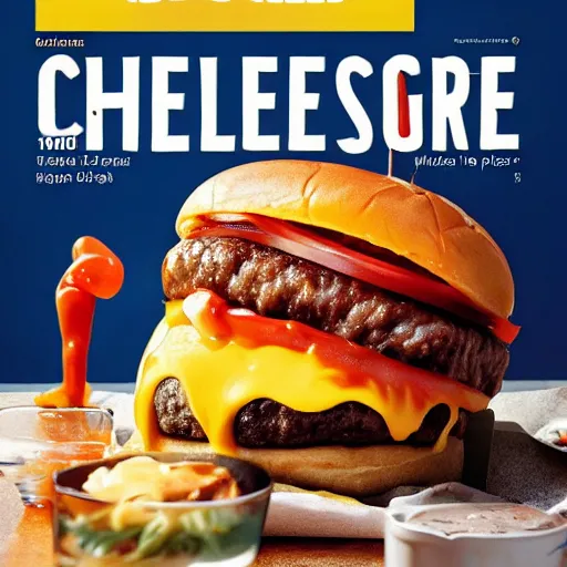 Image similar to a 1 0 layer cheeseburger with 1 0 pieces of meat, 1 0 pieces of cheese and tons of melted sauces and onions, food magazine cover