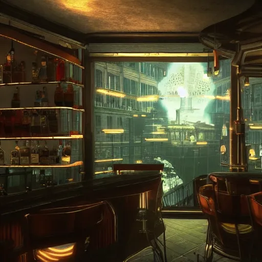 Image similar to In the world of rapture from the world of bioshock you are in a bar, there is a window that lets you see the whole city and you are drinking a rum and coke