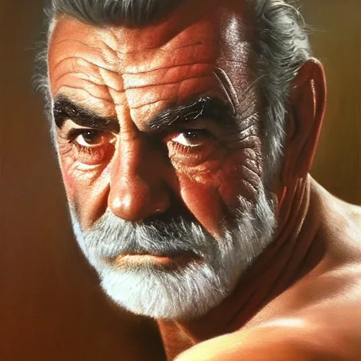 Image similar to ultra realistic portrait painting of sean connery, frank frazetta, 4 k, ultra realistic, highly detailed, epic lighting