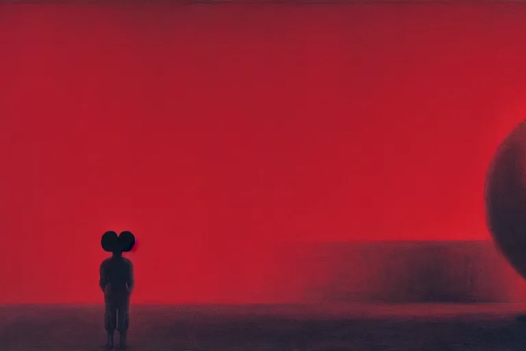 Image similar to only with red, netflix studios with workers at work, a big mickey mouse head in the middle, in the style of beksinski, parts by edward hopper, parts by rodcenko, parts by yue minjun, intricate and epic composition, red by caravaggio, insanely quality, highly detailed, masterpiece, red light, artstation, 4 k