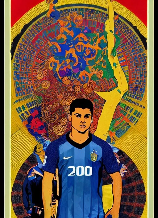 Prompt: fractal og ronaldo nazario r 9 short haircut wearing number nine 2 0 0 2 world cup brazil goal, poster art by poster art by victor moscoso dan mumford kilian eng hannah jeffrey smith rick griffin alphonse mucha gustav klimt ayami kojima amano charlie