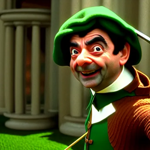 Image similar to mr. bean as robin hood. movie still. cinematic lighting.