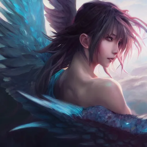 Image similar to an oil painting of a beautiful anime girl with demon wings, by artgerm, wlop and greg rutkowski, hd, hdr, ue 5, ue 6, unreal engine 5, cinematic 4 k wallpaper, 8 k, ultra detailed, high resolution, artstation, award winning