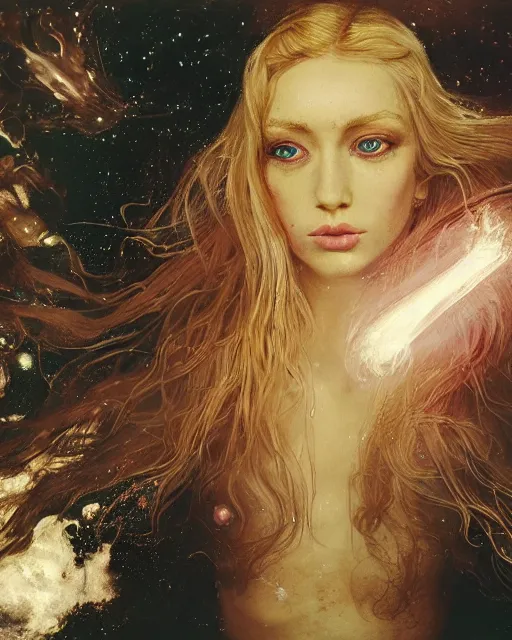 Image similar to a beautiful and eerie baroque painting of a gorgeous woman in dead space, with wild blonde hair and haunted eyes and freckles, 1 9 7 0 s, seventies, space station, neon light showing injuries, delicate ex embellishments, painterly, offset printing technique, inspired by hans bellmer