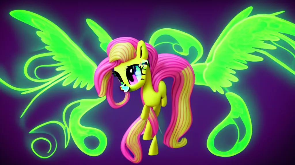 Prompt: 3D Fluttershy from My Little Pony as a necromancer, bright green swirls coming up around her, glowing aura, pitch black background, dramatic and colorful lighting, she is surrounded by green chibi glowing skulls, smoke all around, unrealengine, 4k, HDR