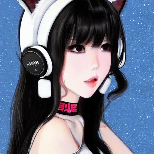 Image similar to realistic beautiful gorgeous curvy natural cute Blackpink Lalisa Manoban black hair cute fur black cat ears, wearing white camisole, headphones, black leather choker artwork drawn full HD 4K highest quality in artstyle by professional artists WLOP, Taejune Kim, Guweiz on Pixiv Artstation