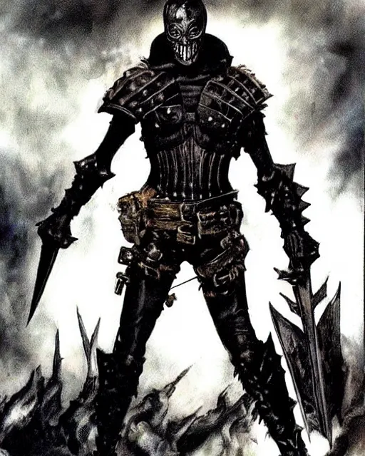 Image similar to portrait of a skinny punk goth tony todd wearing armor by simon bisley, john blance, frank frazetta, fantasy, thief warrior