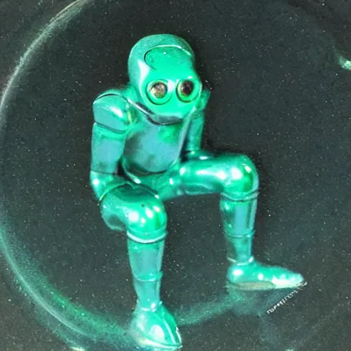 Image similar to tiny microscopic teal green cyan arcturian annunaki liquid metal bismuth andromedan martian telosian alien humanoid 5 5 mm photography footage slightly glowing, ominous