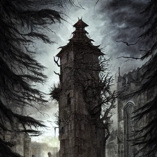 Prompt: an archaic tower looming over a grove of ancient trees, in the style of ayami kojima and kentaro miura, grim, thick mist, cracked walls, realistic digital painting, realistic colors, medieval fantasy, very detailed