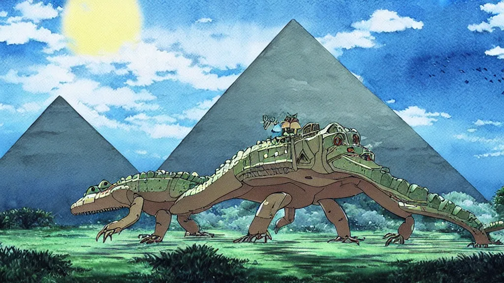 Image similar to a hyperrealist watercolor concept art from a studio ghibli film showing a giant mechanized crocodile from howl's moving castle ( 2 0 0 4 ). a pyramid is under construction in the background, in the rainforest on a misty and starry night. a ufo is in the sky. by studio ghibli