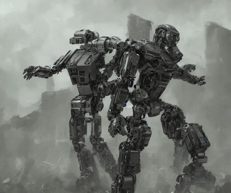 Prompt: humanlike androids fighting robots, post - apocalyptic world, dark landscapes, dreary, photorealistic