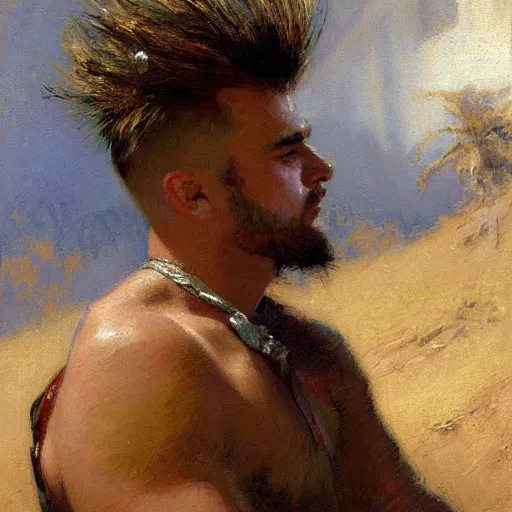 Prompt: a man with a mohawk haircut, painting by Gaston Bussiere, Craig Mullins