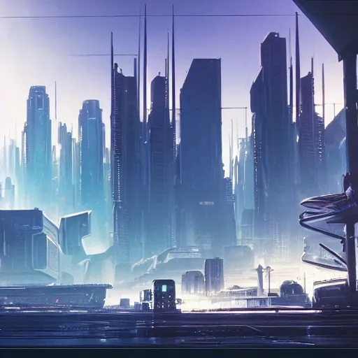 Image similar to futuristic cyberpunk city panorama, daylight, cinematic perspective, cinematic lighting, blue sky, syd mead, john harris, symmetrical