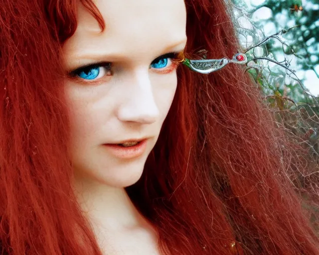 Image similar to award winning 5 5 mm close up face portrait photo of an anesthetic and beautiful redhead vampire elf lady who looks directly at the camera with bloodred wavy hair, intricate eyes that look like gems and long sharp fangs, in a park by luis royo. rule of thirds.