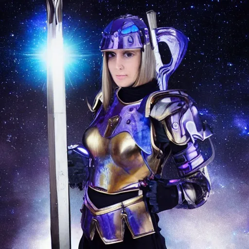 Image similar to photo of a female warrior with galaxy colored armour and weapons