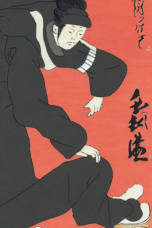 Image similar to Ukiyo-e art of gopnik in black adidas squatting under birch