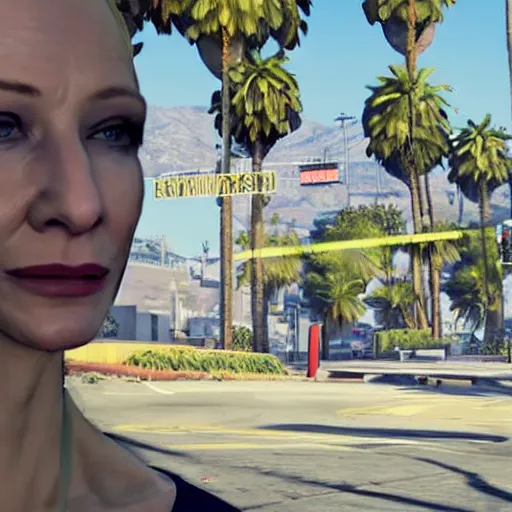 Prompt: cate blanchett in GTA v. Los Santos in the background, palm trees. In the art style of Stephen Bliss.