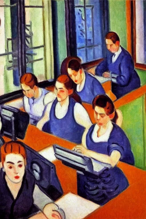 Prompt: oil painting highly detailed computer workers in office painted by henri matisse, impressionism