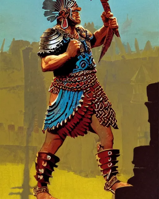 Image similar to aztec warrior, hirsute epic level dnd human fighter, wielding the godshammer, a magical war hammer, wearing magical armor. thick quads. full character concept art, realistic, high detail digital gouache painting by angus mcbride and michael whelan.