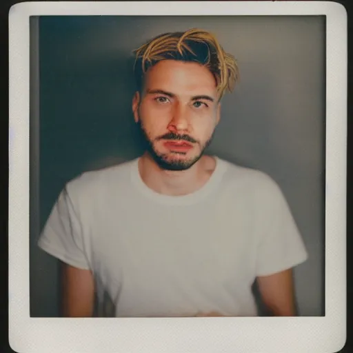 Image similar to soft polaroid photo of man that just woke up and lying in his bed, cinestill 800t