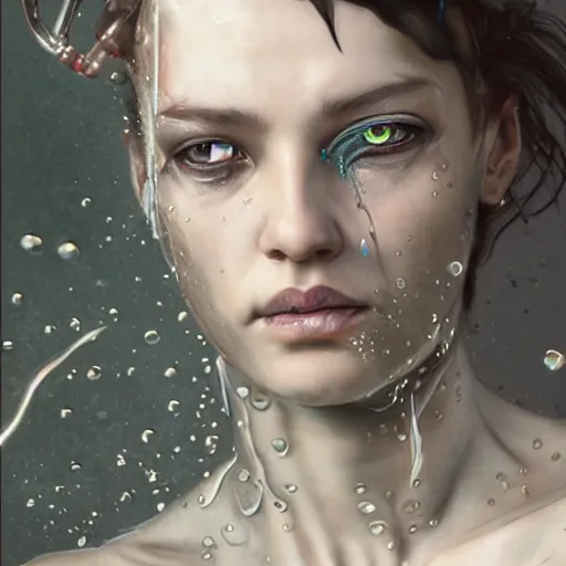 Image similar to portrait of punk cyborg woman, water particles floating in the air, finely detailed facial features, weathered drawing, film grain, painted art by tsuyoshi nagano, greg rutkowski, artgerm, alphonse mucha, spike painting