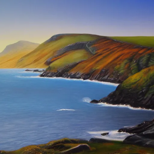 Image similar to photorealistic landscape painting of Ireland, highly detailed