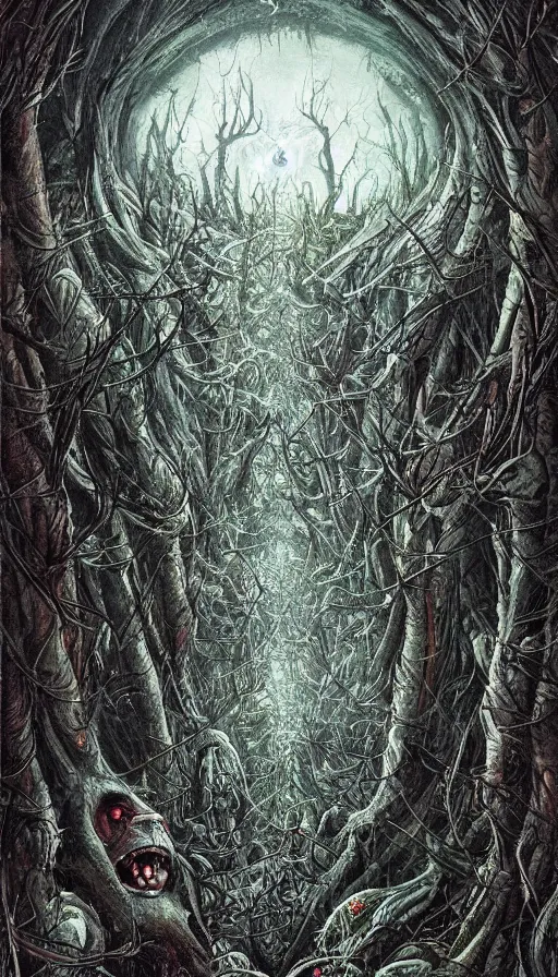 Image similar to a storm vortex made of many demonic eyes and teeth over a forest, by android jones,