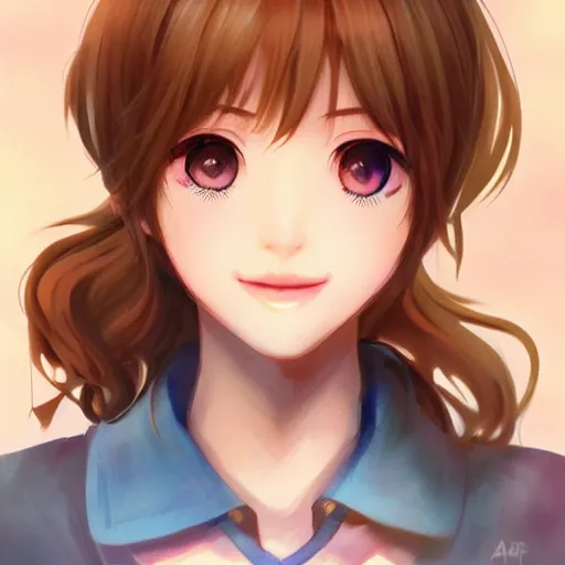 Image similar to portrait of Sayori from DDLC, detailed facial features, optimistic colors, bright eyes, warm smile, delicate, by artgerm and WLOP