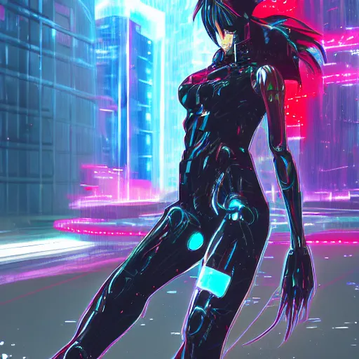 Image similar to digital cyberpunk anime!!, shattered cyborg - body, cyborg - girl in the style of arcane!!!, lightning, raining!!, water refractions!!, black red fade long hair!, biomechanical details, neon background lighting, reflections, wlop, ilya kuvshinov, artgerm