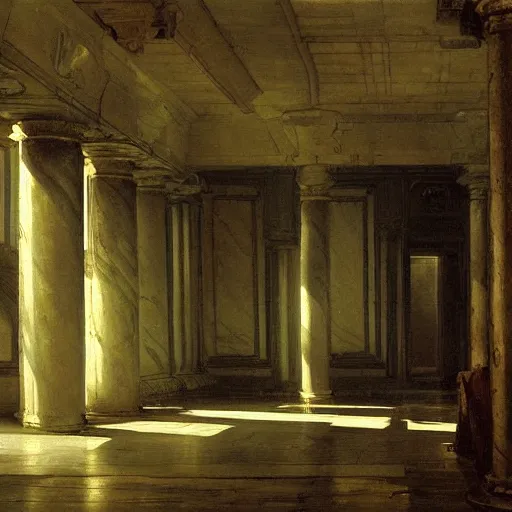 Prompt: painting of a scifi ancient civilzation victorian empty room with pillars, andreas achenbach