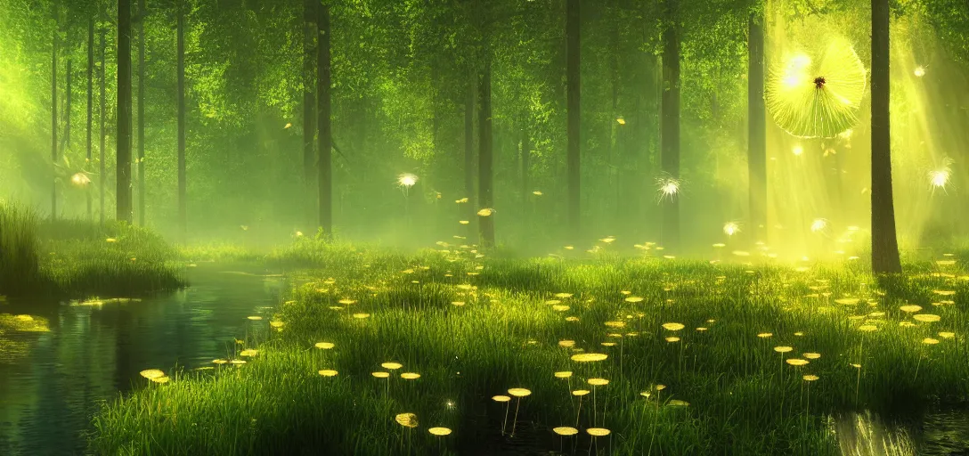 Prompt: beautiful view of a forest and a river, glowing dandelion seeds, fireflies, magical fairy dust, glowing water with caustics, mystical atmosphere, dappled light, reflections, light rays. refraction, symmetry, cinematic lighting, ultra detailed, sharp, ambient occlusion, bloom, raytracing, by dylan cole, sebastian meyer and jordan grimmer