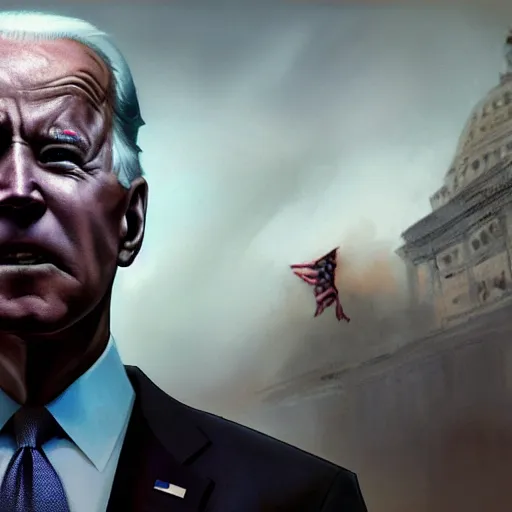 Image similar to joe biden being extremly scary, dramatic lighting, cinematic, establishing shot, extremly high detail, photorealistic, cinematic lighting, artstation, style by James Gurney