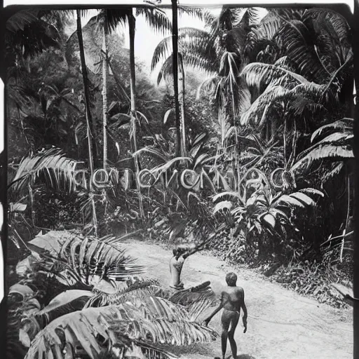 Image similar to a rizom lost film footage of a ( ( ( ( ( ( ( ( object ) ) ) ) ) ) ) ) in the middle of the tropical jungle / tropicalism / tropicalism / tropicalism / film still / cinematic / enhanced / 1 9 2 0 s / black and white / grain