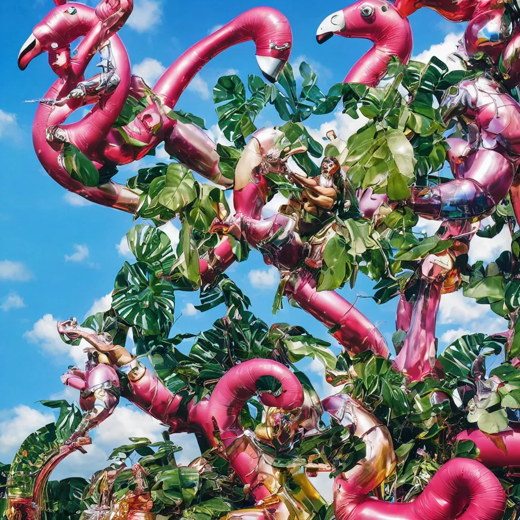 Image similar to an extreme close - up of a statue chrome cyborg lycra nymph battling a giant inflatable flamingo pool float, christmas cactus arnold schwarzenegger and monstera plants, fireworks thick smoke epic clouds, by jeff koons, hajime soryama, boris vallejo, artgerm, greg rutkowski, alphonse mucha