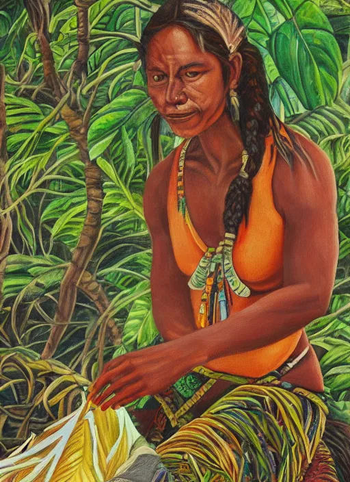 Prompt: a beautiful painting of an indigenous female doing crafting of a fabric in the jungle, realistic face, ayahuasca