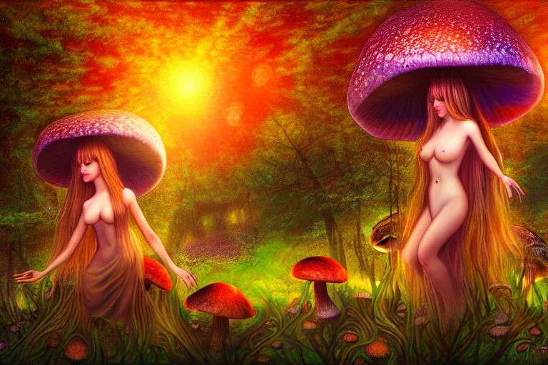 Image similar to a realistic portrait of a beautiful mushroom goddess in an enchanted psychedelic mushroom forest, at sunset, wlop,