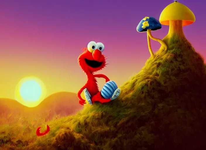 Image similar to dr seuss elmo sitting next to a mushroom, golden hour, fantasy, sharp focus, digital art, hyper realistic, 4 k, unreal engine, highly detailed, hd, dramatic lighting by brom, trending on artstation