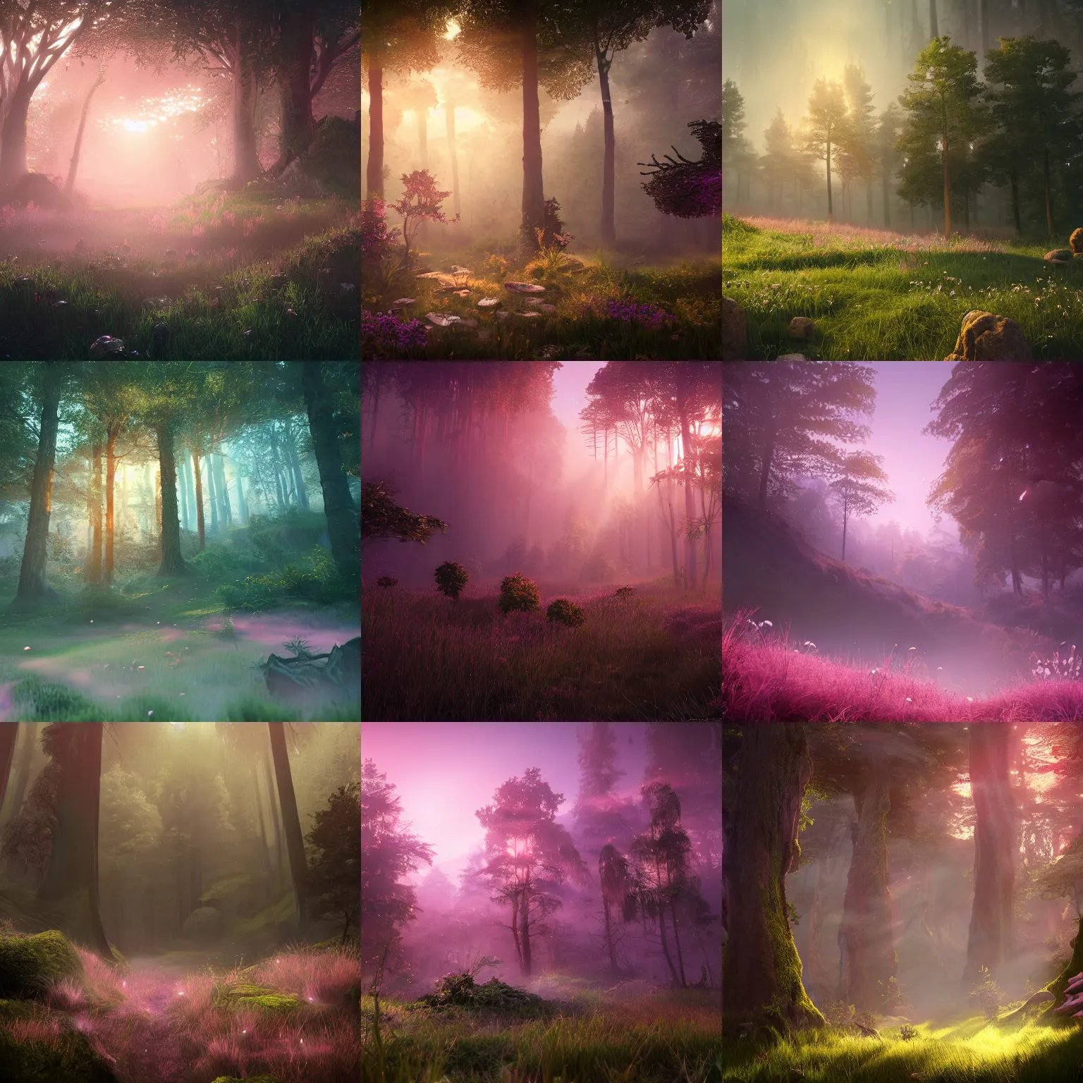 Prompt: fantasy with earth forest and meadow magic, at gentle dawn pink light, cinematic lighting, volumetric lighting, smooth, sharp focus, highly detailed, render in unreal engine 5, artstation, deviantart, behance, trending,, epic composition, hd, octane, unreal engine, volumetric lighting, light rays, masterpiece, award - winning