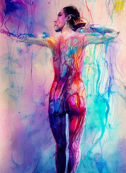 Prompt: sexy seducing smile nathalie portman in simsuit by agnes cecile, half body portrait, view from back, extremely luminous bright design, pastel colours, ink drips, autumn lights