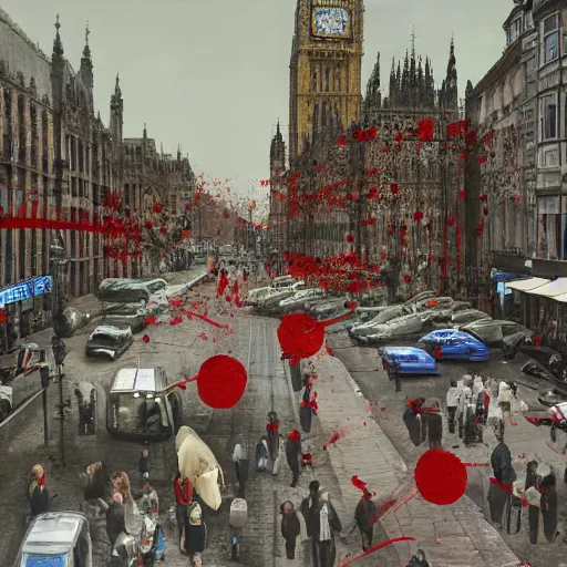 Prompt: A British European City with cars and people roaming inside of the city, certain aspects of the background are lens blurred, splatters of red on the border of the image, some of the people are even painted red, black and white photograph painting, real life, realistic, hyperrealistic, very realistic, photo photograph, photo, photograph, painting, oil painting, ultra realistic, very detailed, extremely detailed, highly detailed, HD Quality, 4k resolution, 8k resolution, trending on artstation, in the style of an Album Cover, cool, epic, nostalgic, intricate details, black and white image