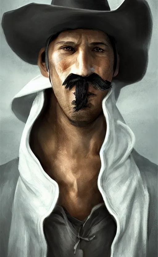 Image similar to a cowboy with a black mustache, wearing a white hood, with wheat in his mouth, dynamic lighting, fantasy concept art, trending on art station, stunning visuals, creative, cinematic, ultra detailed