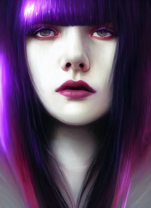 Image similar to portrait of teenage girl with white bangs, red irises, black hair, purple clothes, white bangs, bangs are different color from hair, intricate, front of hair is white rest is black, elegant, glowing lights, highly detailed, digital painting, artstation, concept art, smooth, sharp focus, illustration, art by wlop, mars ravelo and greg rutkowski