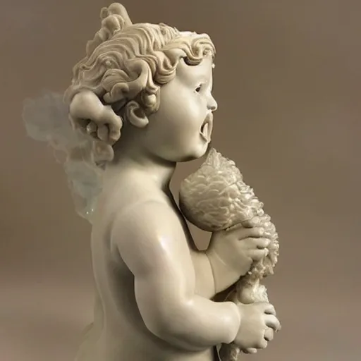 Image similar to marble angel statue with puffed cheeks breathing fire, realistic