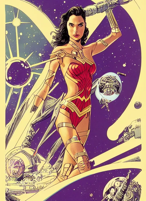 Prompt: Gal Gadot as badass space wizard in retro science fiction cover by Moebius, vintage 1960 print, detailed, trending on artstation, extremely detailed face