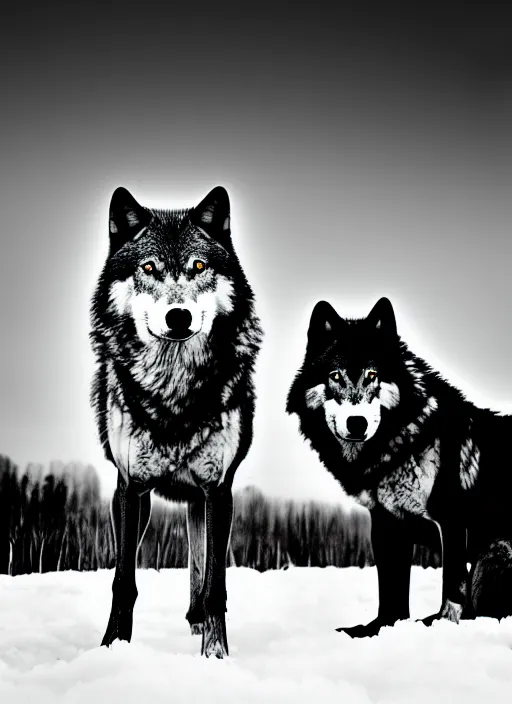 Image similar to two wolves black and white portrait white sky in background