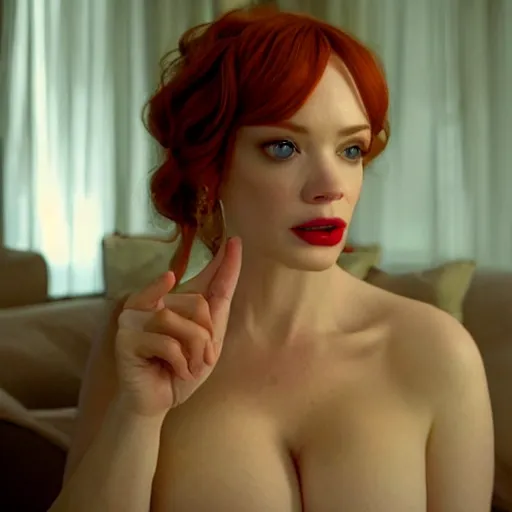 Image similar to amazing beautiful Christina Hendricks with puffy lips in the living room, film still from the movie directed by Denis Villeneuve , wide lens