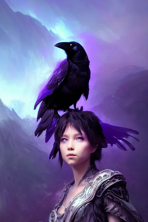 Image similar to portrait of a beautiful one raven perched on purple crystals that are glowing in a misty valley, establishing shot, extremly high detail, foto realistic, cinematic lighting, by yoshitaka amano, ruan jia, kentaro miura, artgerm, post processed, concept art, artstation, raphael lacoste, alex ross