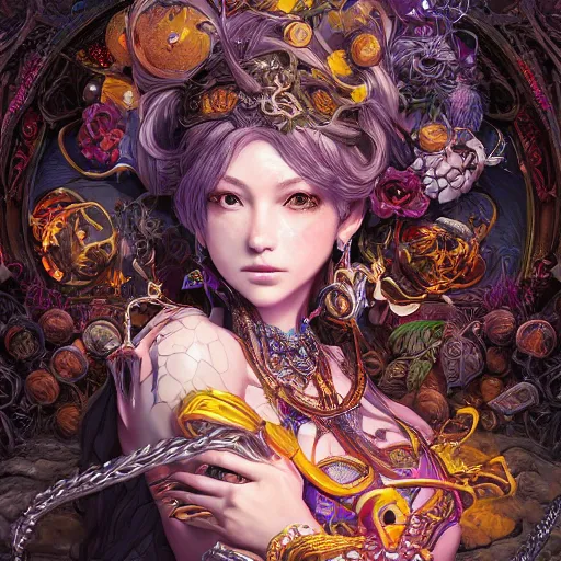 Image similar to the portrait of chaotic good female druid alchemist as absurdly beautiful, gorgeous, elegant, gravure idol, an ultrafine hyperdetailed illustration by kim jung gi, irakli nadar, intricate linework, sharp focus, bright colors, octopath traveler, final fantasy, unreal engine 5 highly rendered, global illumination, radiant light, detailed and intricate environment